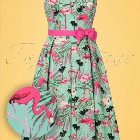 Lindy Bop green flamingo cotton swing dress - Picture 9 of 11